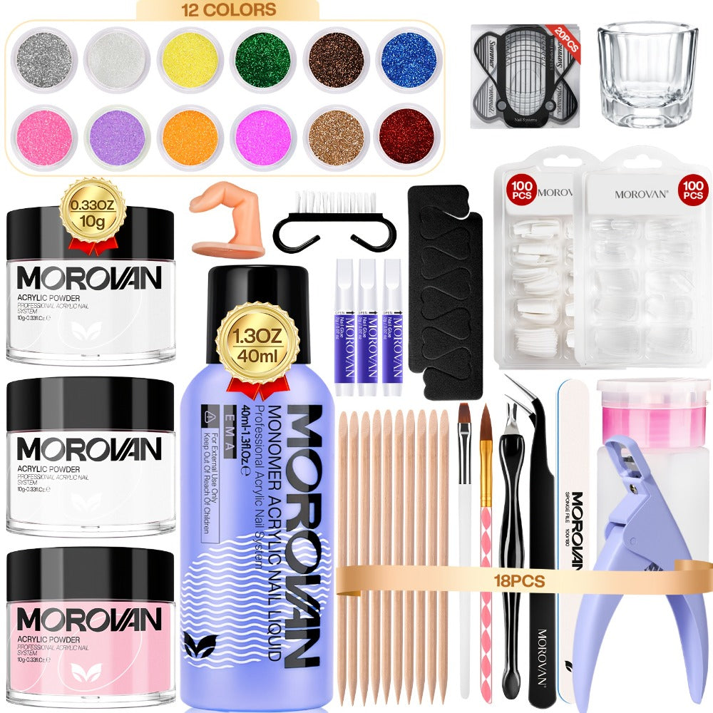 Complete Acrylic Nail Art Kit with Glitter – Pink Clear White Acrylic Powder 12 Color Glitter Powder Nail Liquid Clippers Ful