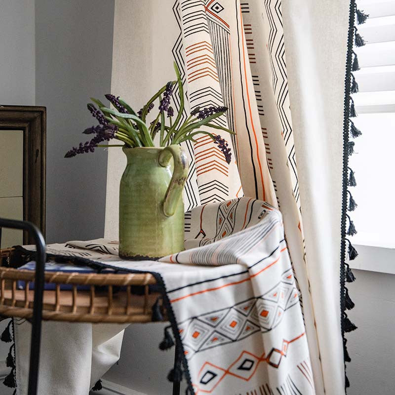 Boho Cream Cotton And Linen Print Sun Shade Non-punched Curtain Fabric