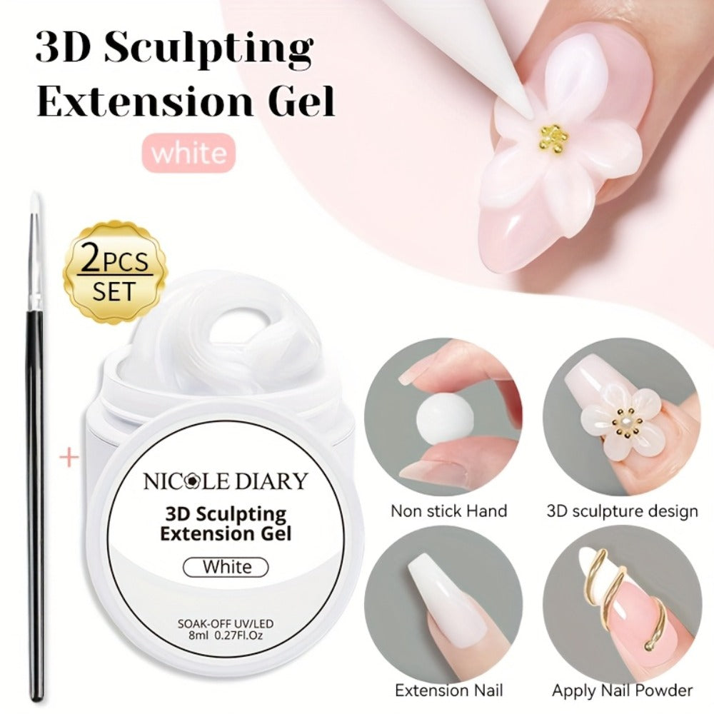 3D Sculpting Builder Gel Kit with Carving Pen – Clear & White Nail Extension Gel for Floral Nail Art, Acrylic Extensions & DI