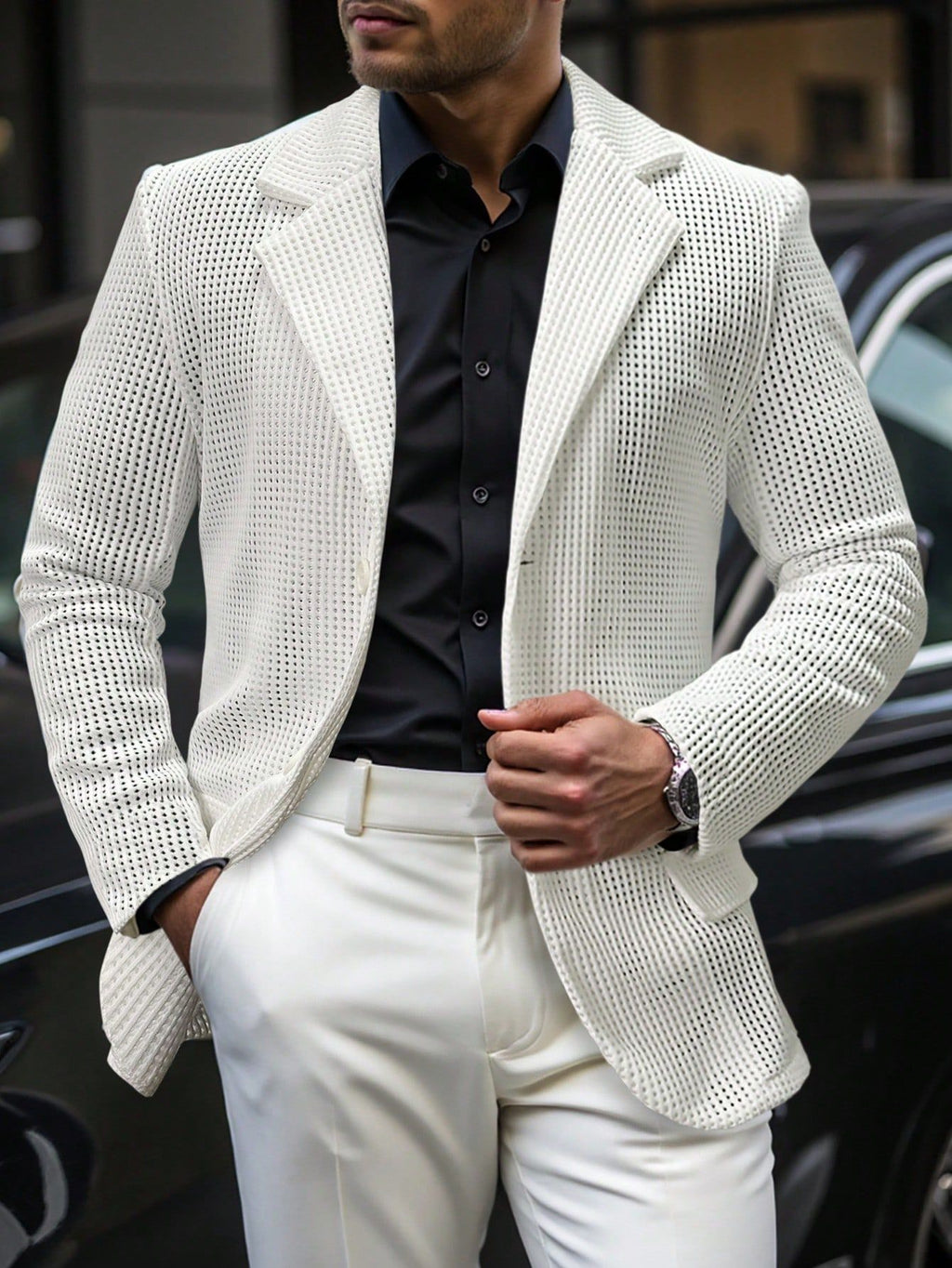 Mens Solid Color Loose Fit White Suit Casual Jacket