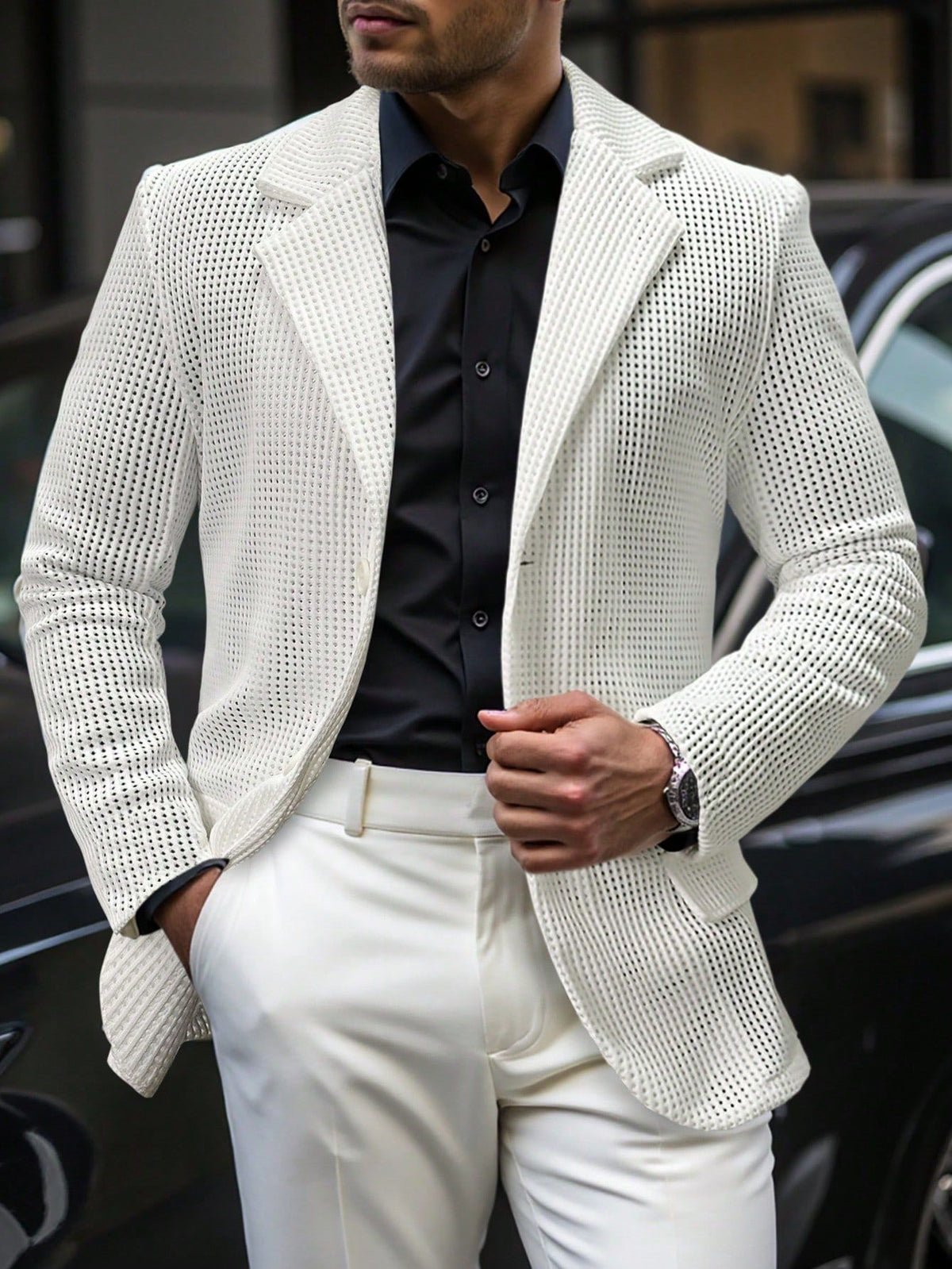 Mens Solid Color Loose Fit White Suit Casual Jacket