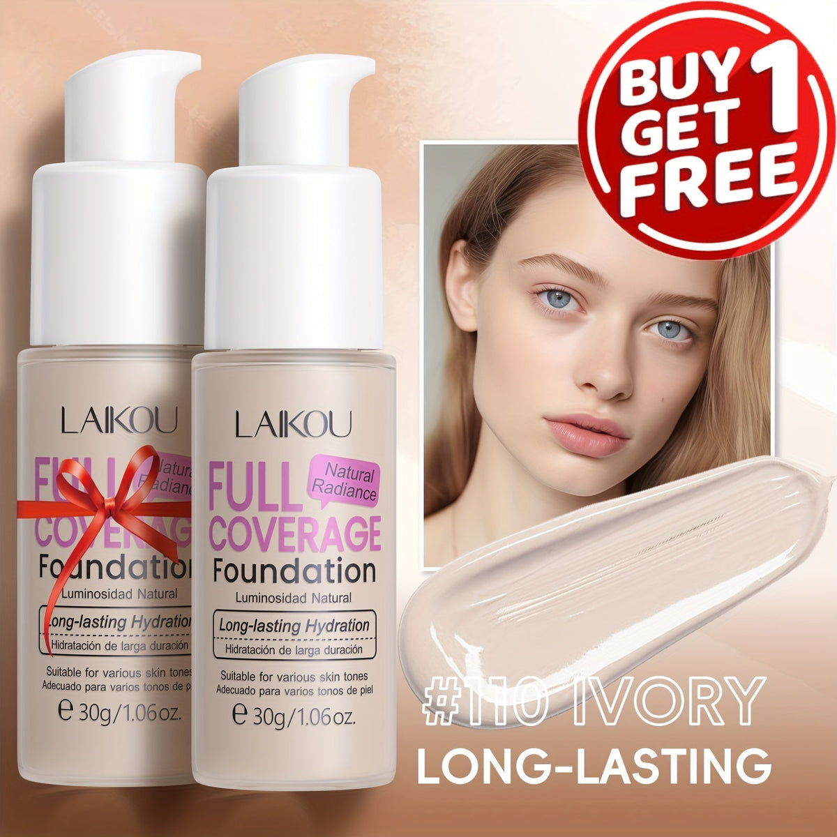 LALKOU 30g Liquid Foundation Two-Bottle Set with Pump Dispensers and Six Shades from Ivory to Tan — image 21