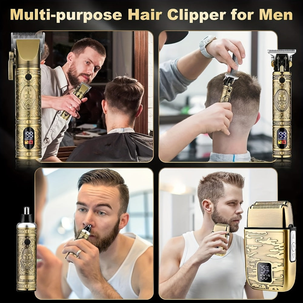 Cordless Hair Clipper & Trimmer Kit for Men – Professional Rechargeable Grooming Set, Golden Edition, Wireless Fade Clipper w