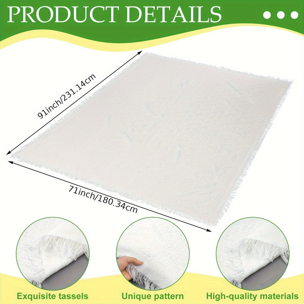 91 x 71-Inch Picnic Blanket in White Woven Cotton with Subtle Geometric Texture and Fringe Edges — image 3