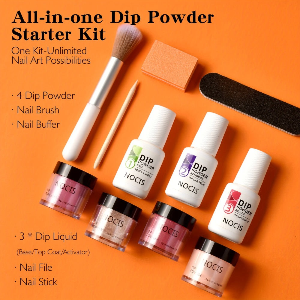 Dip Powder Nail Kit with NOCIS Label, Four Brown Nude Burgundy Glitter Powders, Three 10ml Liquids and Tools — image 4