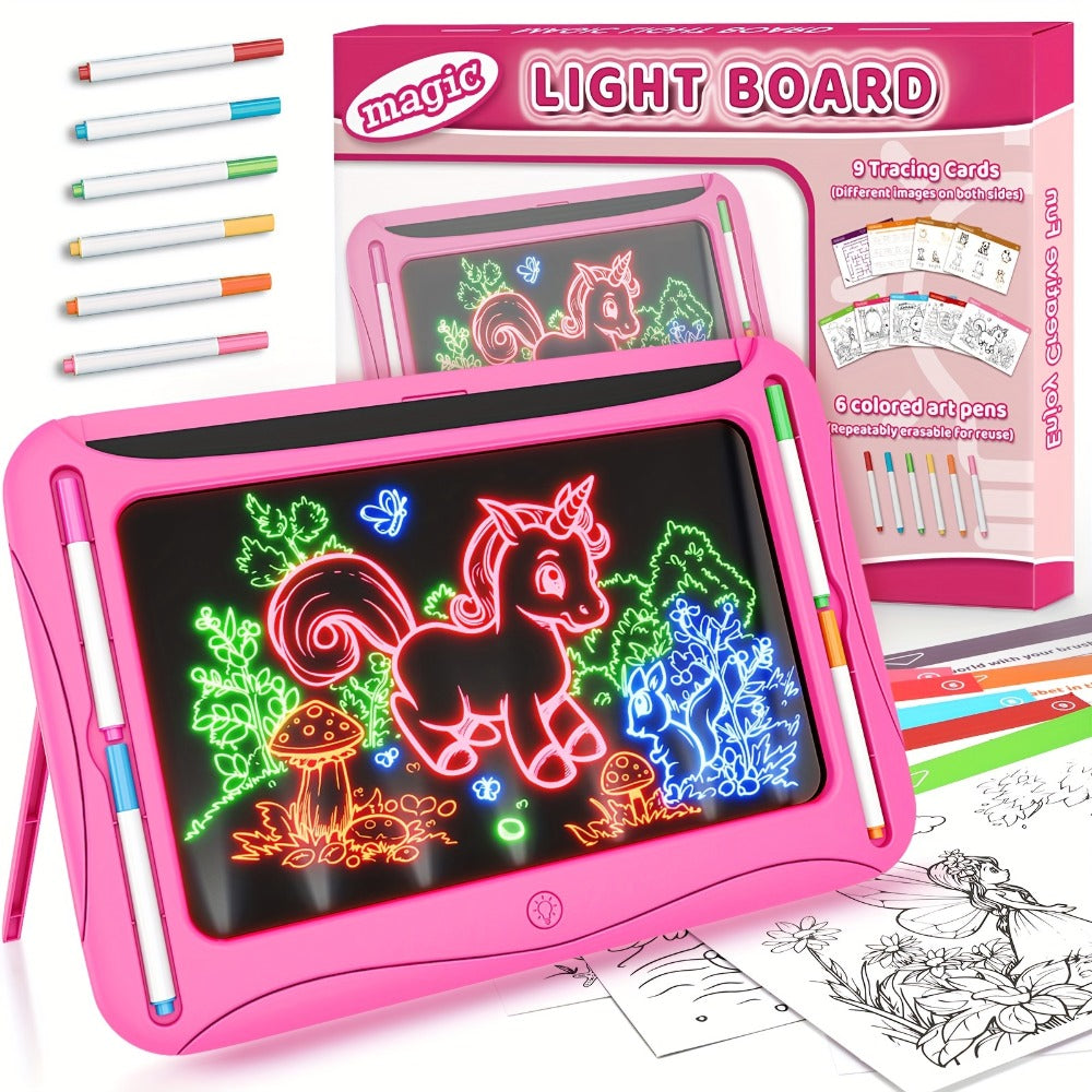 LED Light Up Drawing Board for Kids, 9 Double-Sided Tracing Cards 6 Markers Glow Doodle Travel Art Toy for Girls Boys Ages 3-