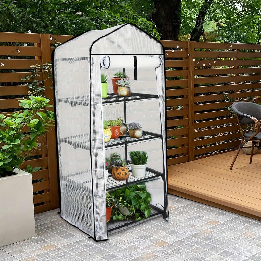 Tiered Greenhouse Shelves 3/4-Tier Portable Mini Plant Greenhouse with PE Cover & Aluminum Frame, Indoor Outdoor Warm House f