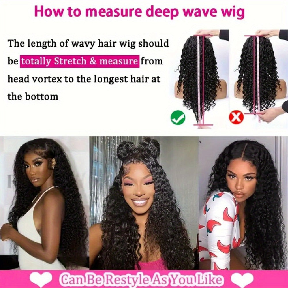 Lace Front Wig Deep Wave Human Hair, 28- or 34-Inch Natural Black with 13x4 HD Front and 250% Density — image 10