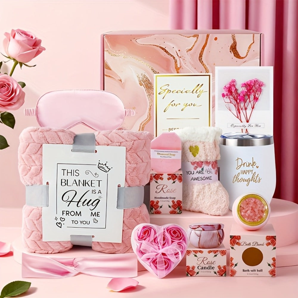 Luxury Spa Gift Set for Women 10-Piece Rose Scented Candles Bath Salt Balls Dried Flowers Eye Mask Soap Blanket Socks Hair Ri