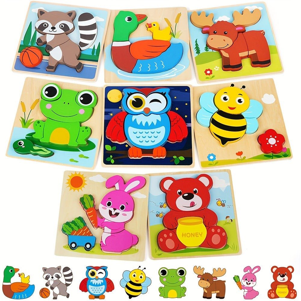 Baby Animal Wooden Puzzles for Toddlers 8 Pack, Infant Learning Toy 12 Months+, Bear Bunny Owl Frog Bee Duck Moose Raccoon — 