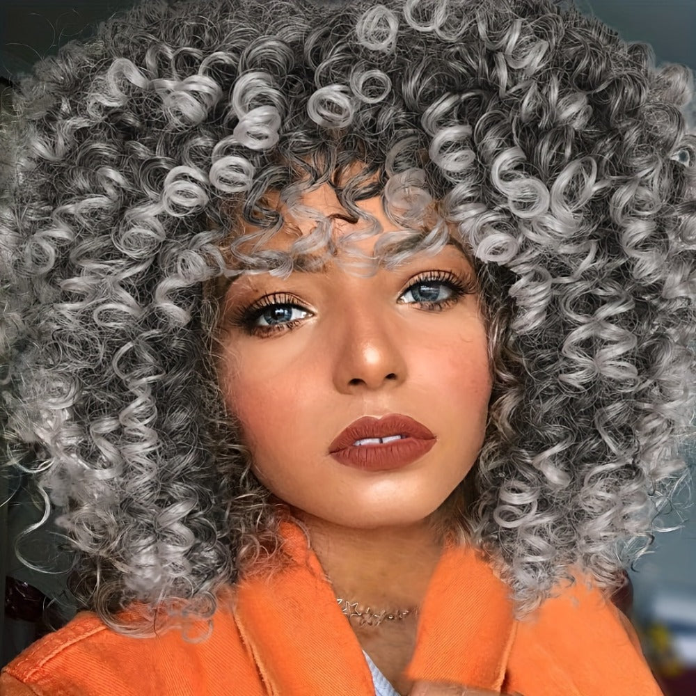 Synthetic Wig 14-Inch Kinky Curly Afro with Bangs, 180% Density and Stretch Net Cap for Daily Style — image 4