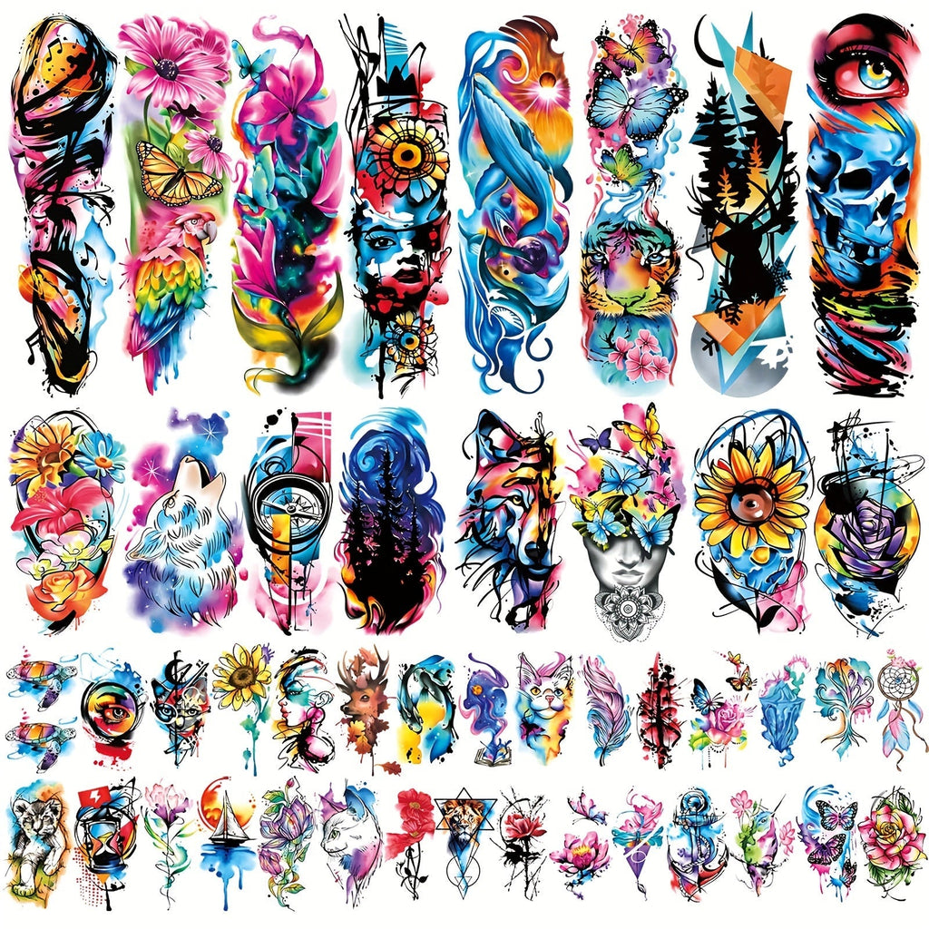 Temporary Tattoos, 46-Sheet Colorful Floral, Geometric, Portrait and Ink-Painting Style Body Art Set — image 1