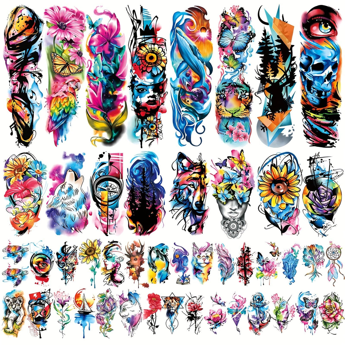 Temporary Tattoos, 46-Sheet Colorful Floral, Geometric, Portrait and Ink-Painting Style Body Art Set — image 1