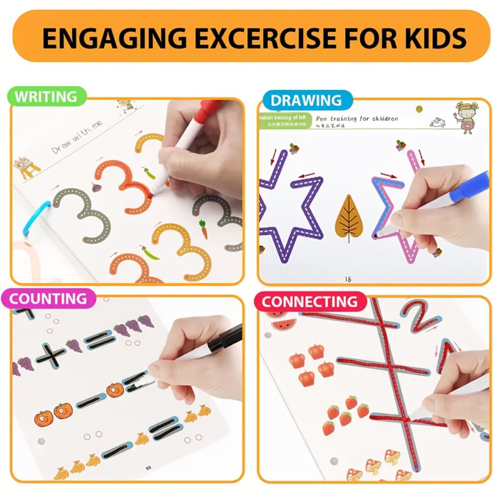 Magic Practice Handwriting & Drawing Book Set for Kids Ages 3-8, 64 Pages Reusable Wipe Clean Workbook with 8 Erasable Pens &