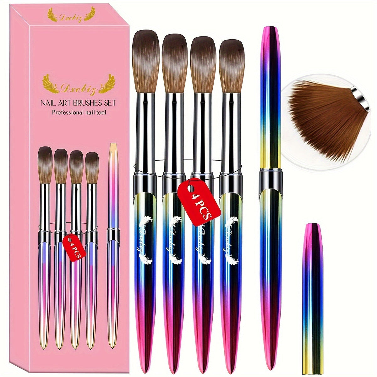 Kolinsky Acrylic Nail Brush Set 4Pcs – Sizes 10 12 14 16 for Acrylic Powder Application, Nail Extensions & 3D Nail Art Carvin