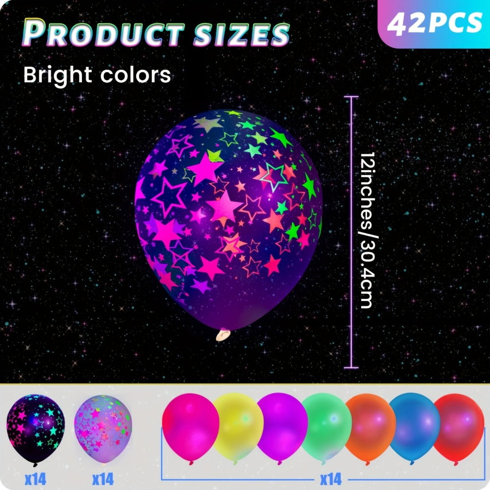 UV Neon Balloon Party Supplies Set with 42 12-Inch Star-Print Balloons for Blacklight Decor — image 2