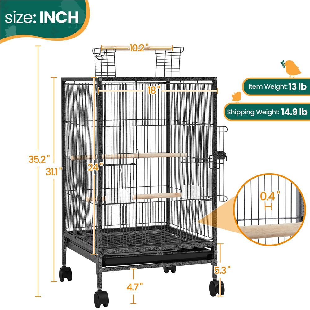 Bird Cage with Rolling Stand Open Top 31 Inch Wrought Iron Black – Slide Out Tray Feeder Doors, for Everyday Bird and Small A