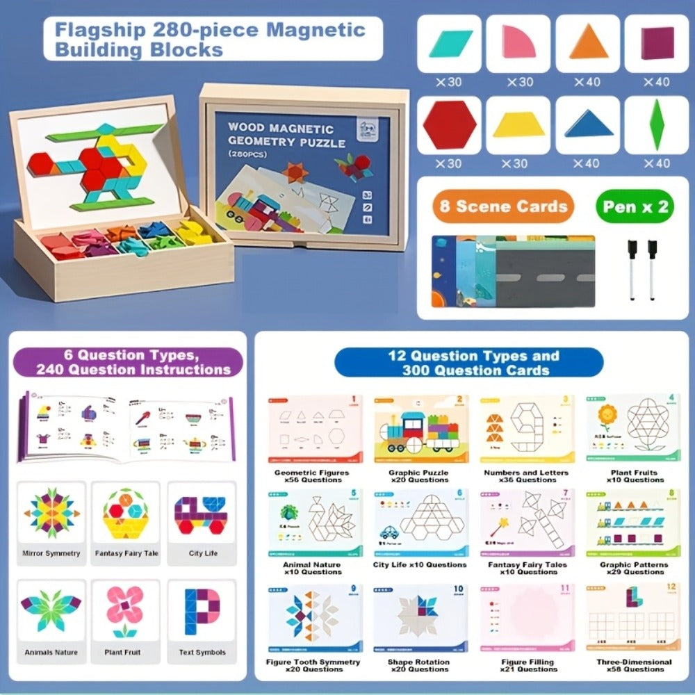 Magnetic Wooden Puzzle Board for Kids, 128/180/220/280 PCS Geometric Shape Recognition & Logical Thinking Toy — image 7