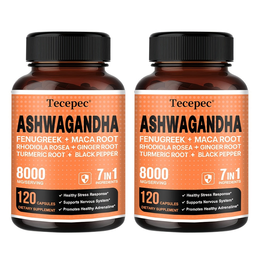 Ashwagandha Capsules 7-in-1 Adaptogen Blend 120ct with Maca Root Rhodiola Rosea Ginseng for Bath Time, Home Spa and Personal 
