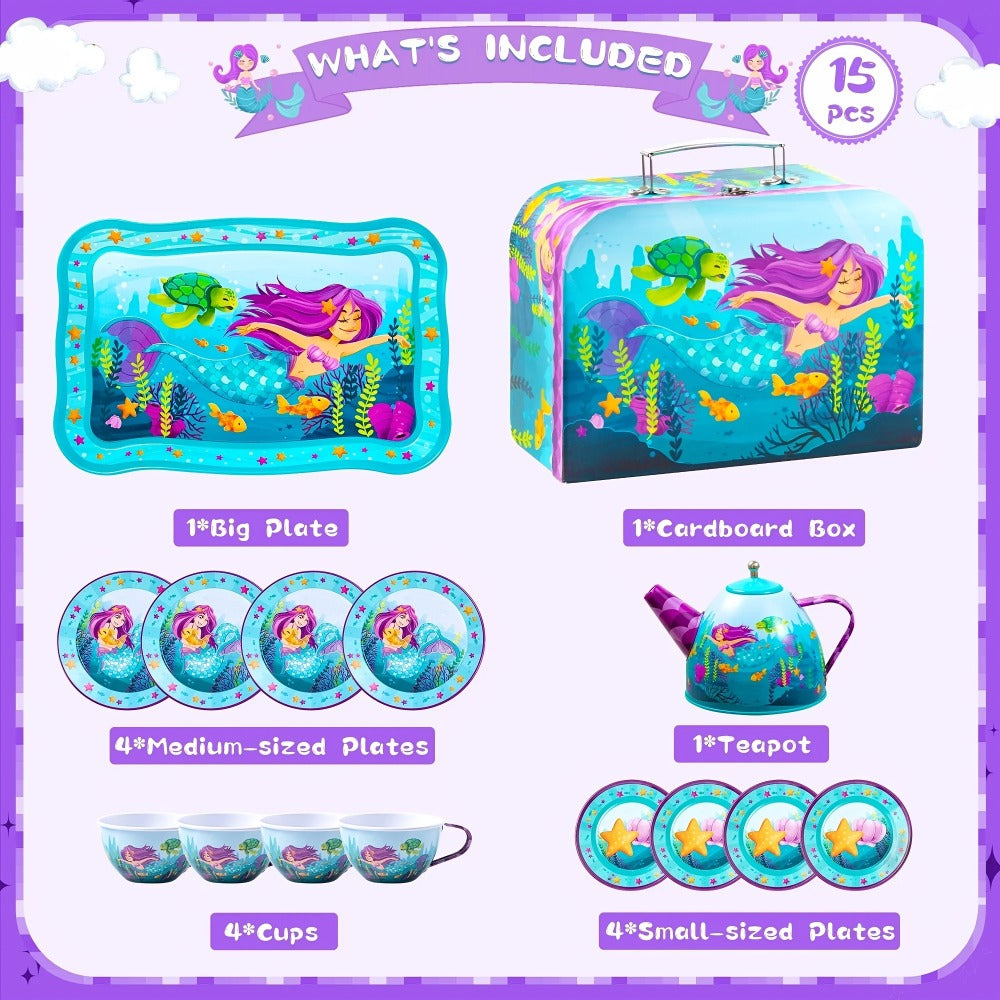 Mermaid Tea Party Set for Girls 21pcs, Tin Teapot, 4 Cups, Saucers, Plates & Carrying Case, Pretend Play Kitchen Toy for Todd
