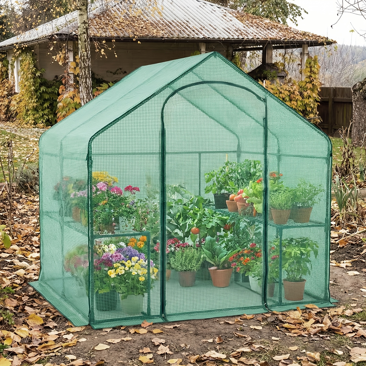 6 x 3 x 5.5-Foot Walk-In Greenhouse with Green Grid Cover, Roll-Up Door and Top Vent Window — image 6