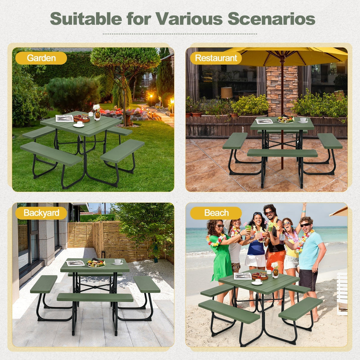 Outdoor Picnic Table 8-Person, Square HDPE Table with 4 Built-in Benches, Umbrella Hole, Metal Frame — image 14