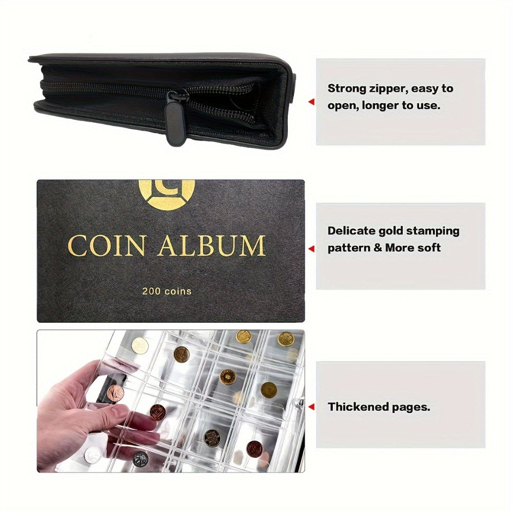Coin Collection Book with Zipper & Handle 200/320 Pockets – 10/20 Page Coin Storage Album for Currency & Commemorative Coins 