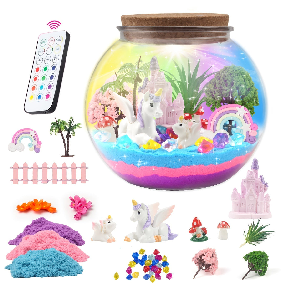 Unicorn Terrarium Craft Kit with Decorative Globe, Multicolor LED Light, Remote and Layered Sand Accessories — image 1