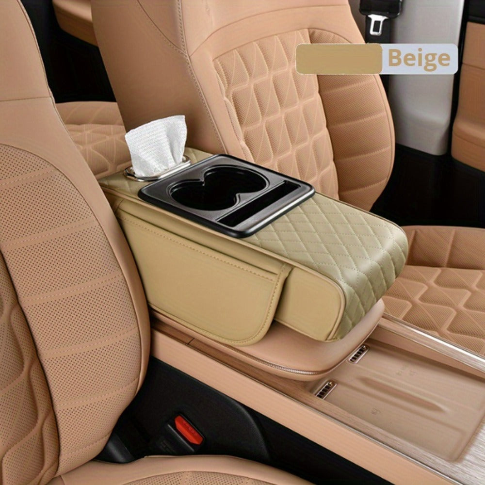 Car Center Console Cover PU Leather – Universal Armrest Box Mat with 2 Cup Holders & 2 Side Pockets, Phone & Card Storage — i