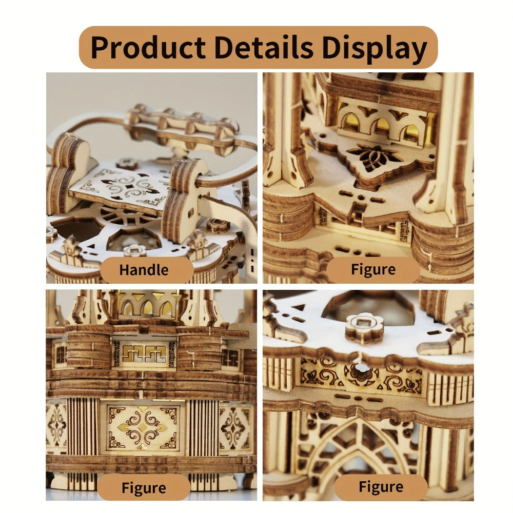 LED Wooden Lantern Model Kit, Rotating Mechanical 3D Wooden Puzzle for Adults & Teens, Glowing Vintage Desk Decor Display — i