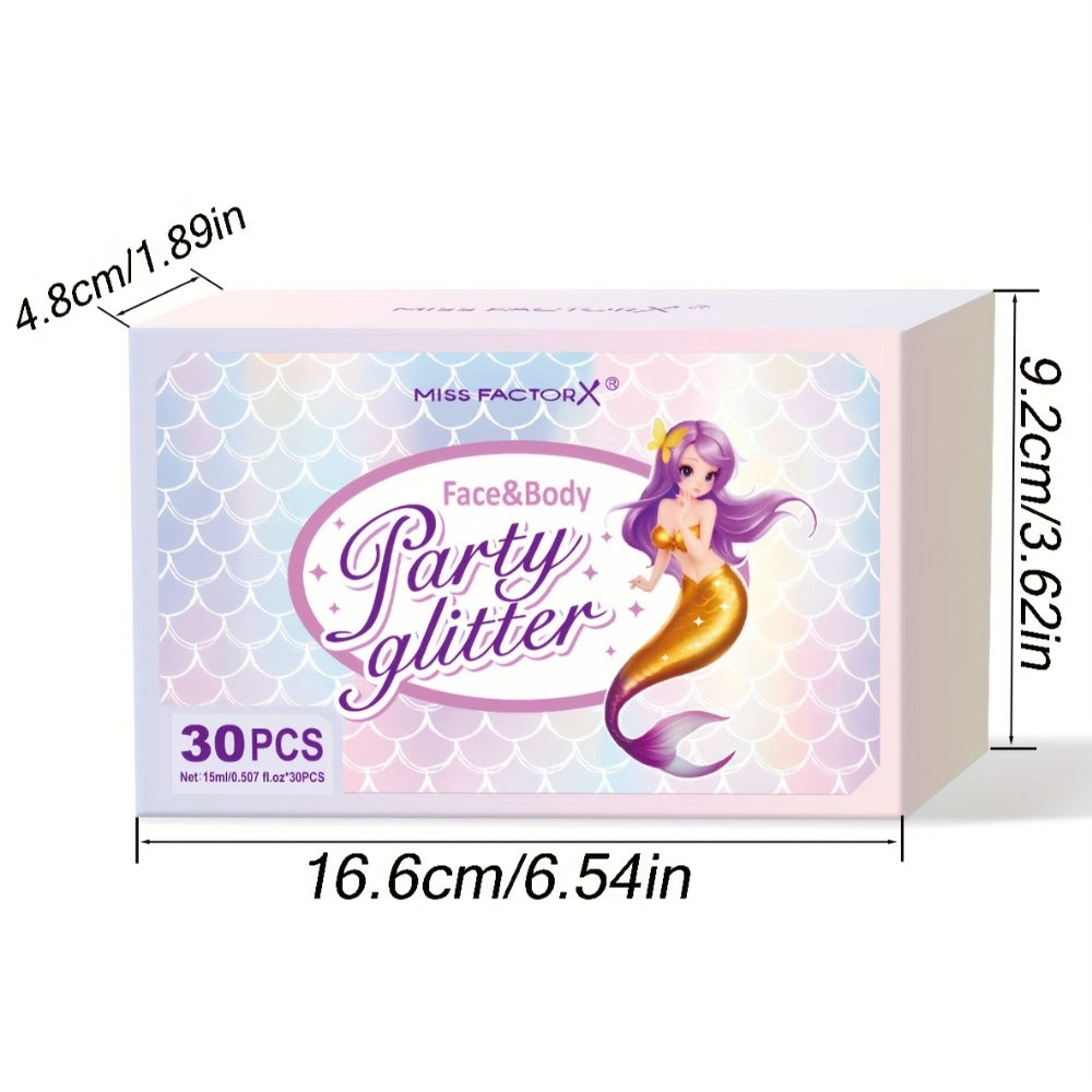 Face Body Glitter Gel Set 30 Pieces – Colorful Shapes Mermaid Sequin Stars Hearts, Transparent Gel Base, Skin-Safe Shimmer Ma