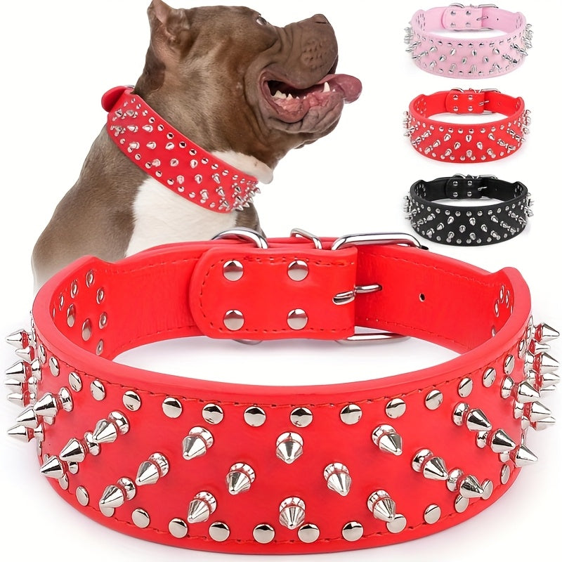 Wide Studded Dog Collar with Faux-Leather Band, Metal Spikes and Rivets in Six Colors, Sizes M and L — image 13
