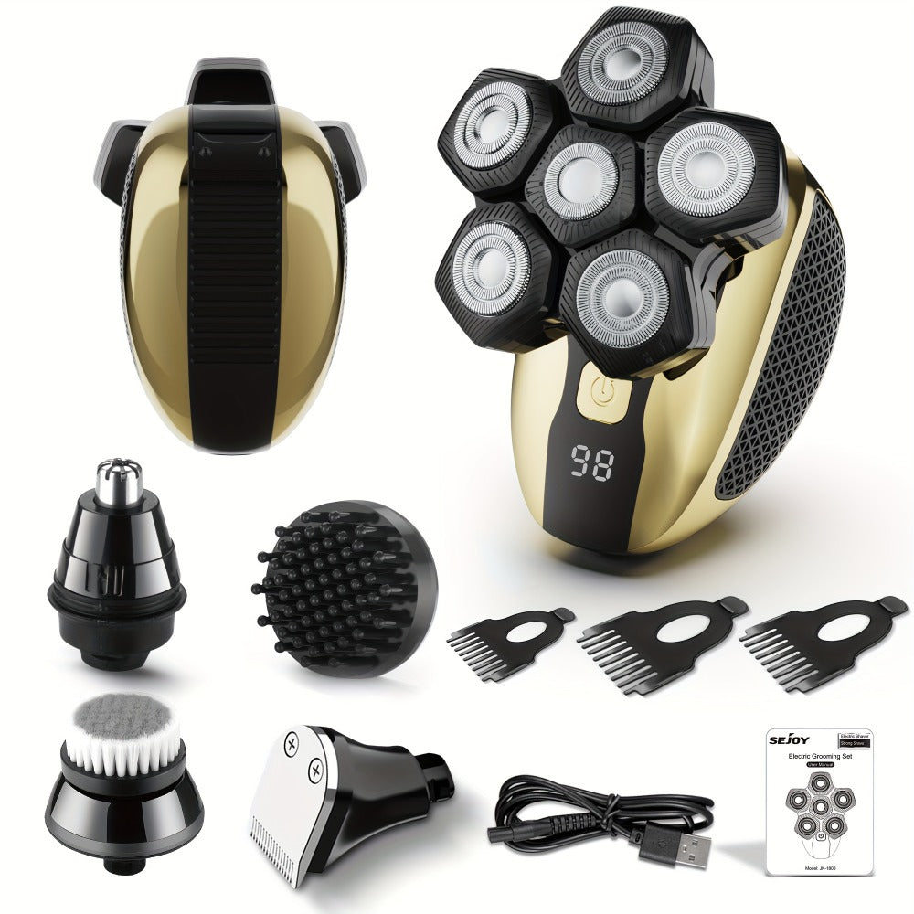 Electric Head Shaver for Bald Men 7D 7 Floating Heads – All-in-One Grooming Kit with Nose Hair Trimmer & Facial Cleaning Brus