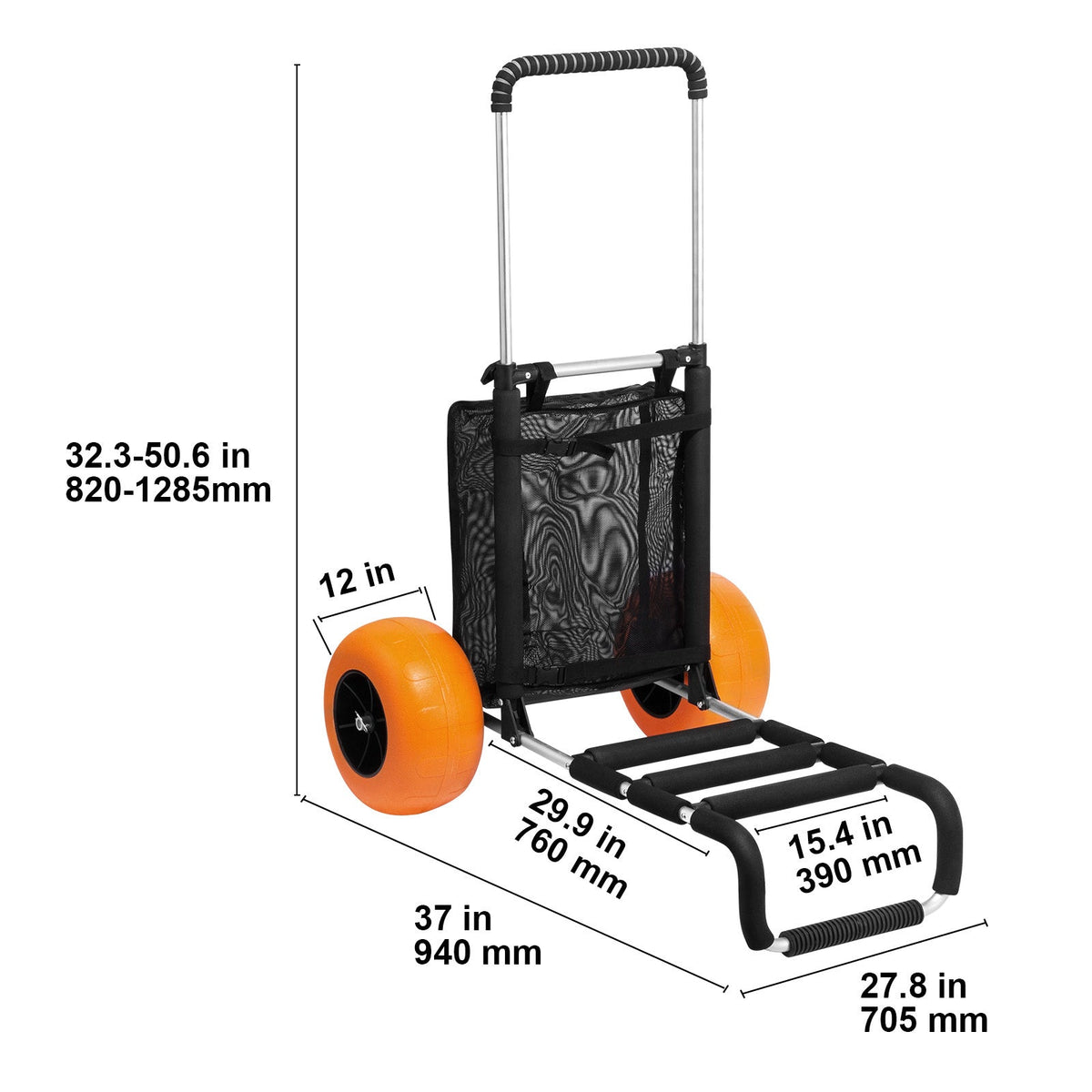 Beach Cart Aluminum Alloy 12-Inch PU Foam Wheels Folding Sand Cart Adjustable Handle for Camping Fishing Gardening Outdoor — 