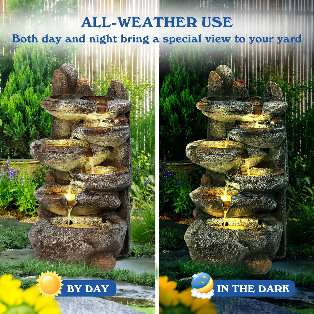 Outdoor Water Fountain 6-Tier Cascading Garden Fountain with LED Lights, Pump & Rocky Peak Decor — image 2