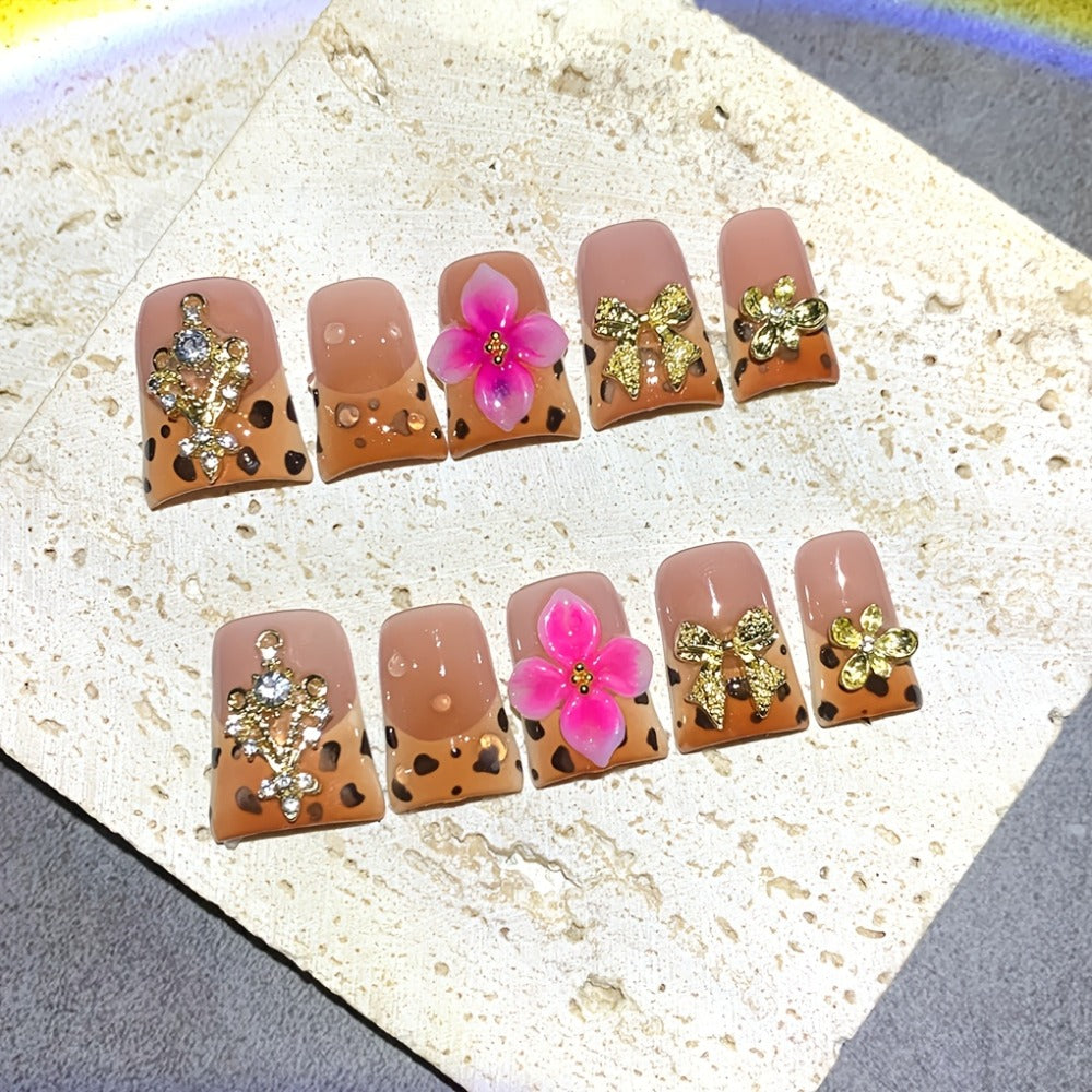 Press On Nails 10-Piece Medium Duckbill Set with Brown-Pink Gradient, 5D Flowers and Included Gel Tabs — image 5