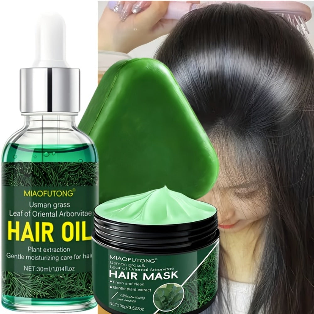 Three-Piece Usman Grass Hair Care Kit with 120g Triangular Shampoo Bar, Oil and Mask Formats — image 2