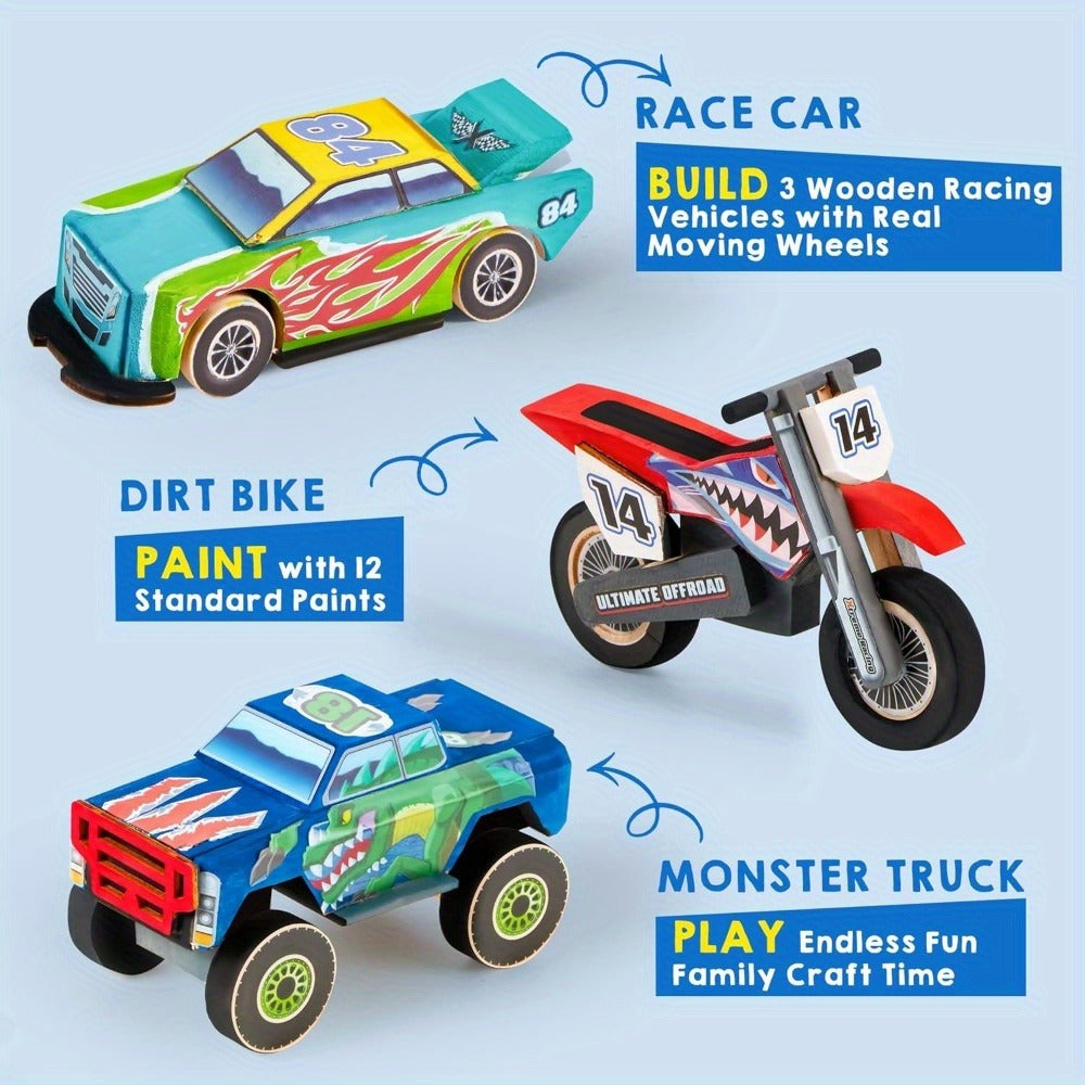 Build and Paint Wooden Vehicle Kit for Kids 144 Pieces, Race Car Motorcycle Monster Truck, 12 Colors 3 Brushes Racing Decals 