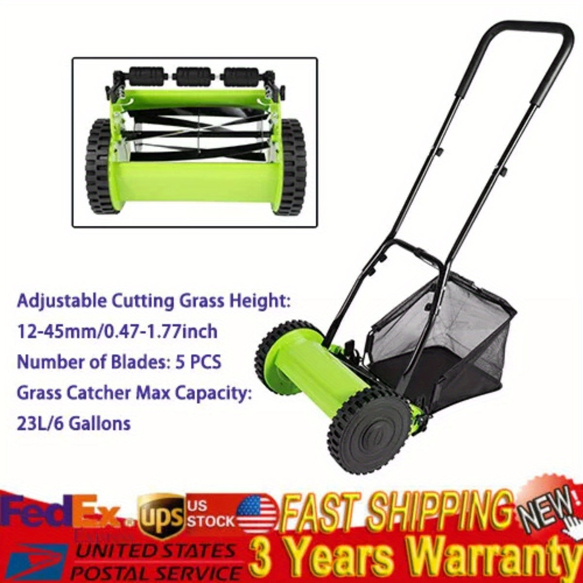 Manual Reel Lawn Mower 5-Blade Push Mower 11.8-Inch Cutting Width Adjustable Height 0.47"-1.77" for Garden, Patio and Yard Us