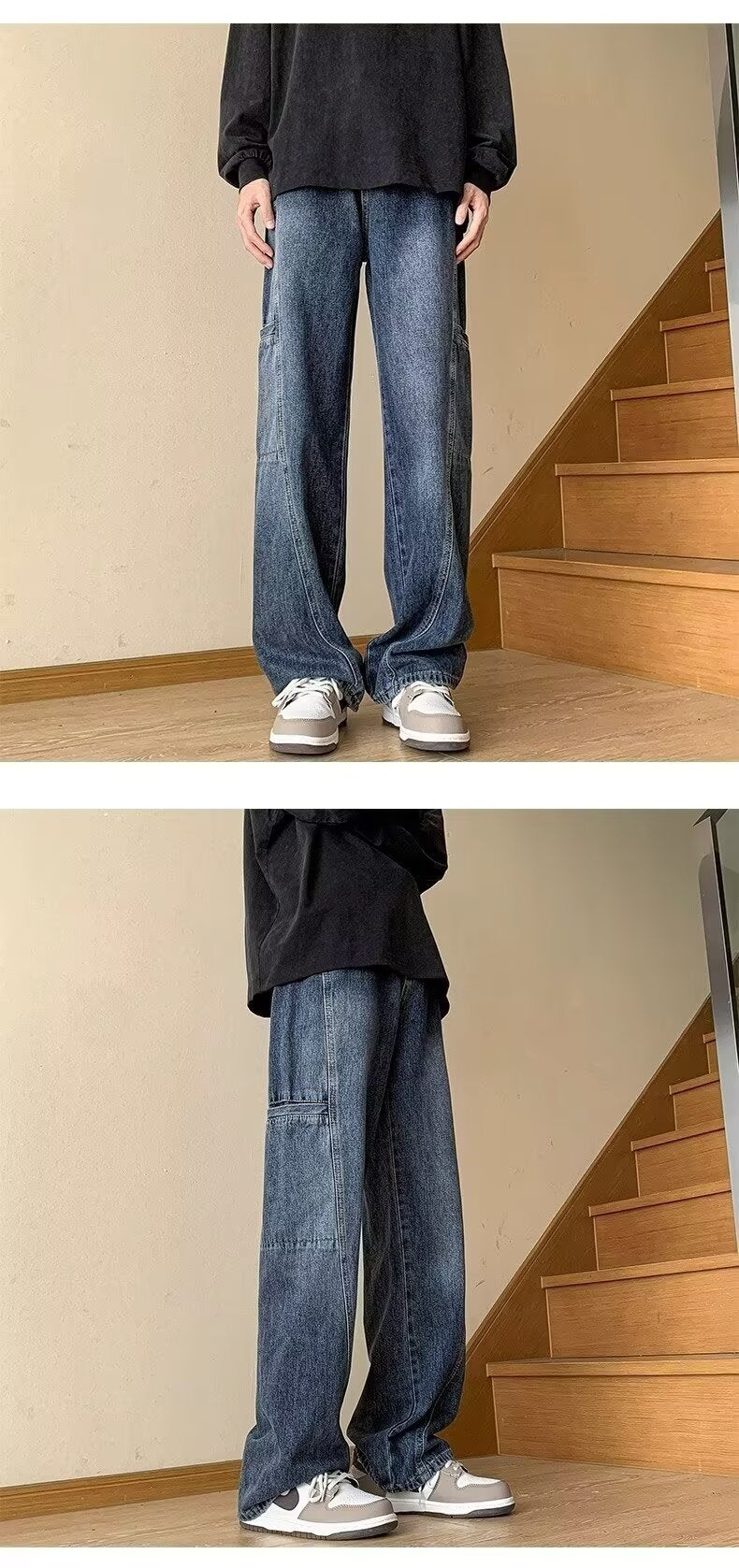 Retro High-street Dark Blue Workwear Denim Jeans