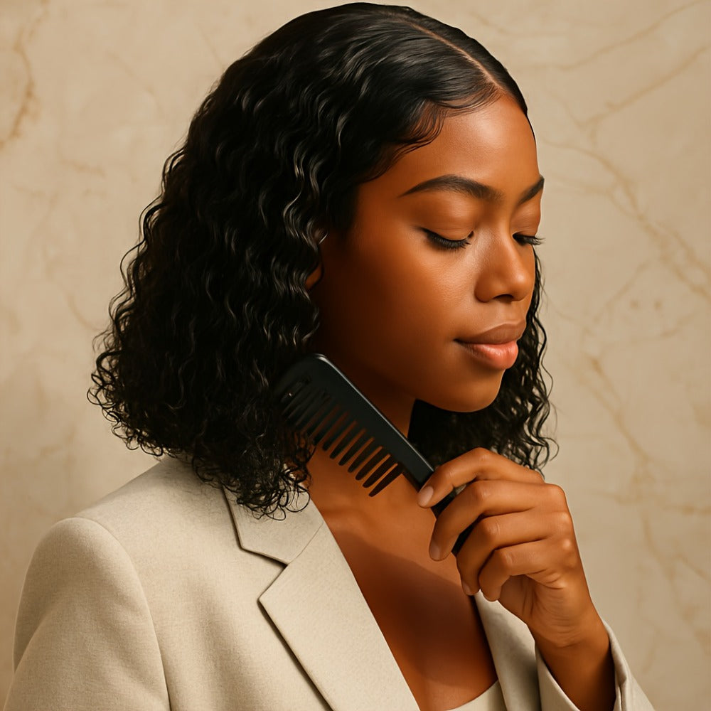 Lace Front Wig Deep-Wave Black 14-Inch Synthetic Style with Glueless Cap, Pre-Plucked Front and Baby Hair — image 3