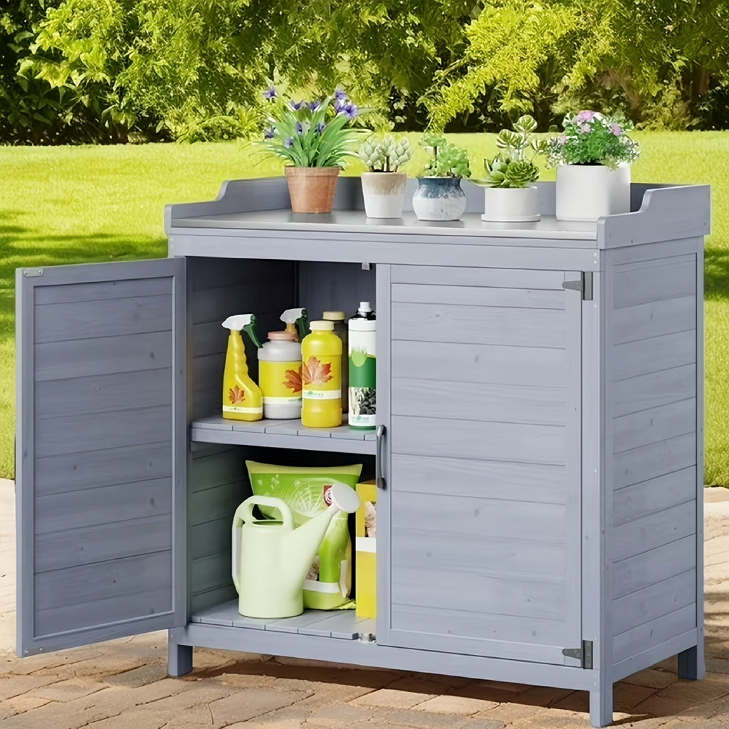 Potting Bench with Storage Cabinet, Outdoor Waterproof Wood Garden Shed Table with Removable Shelves & Doors — image 4
