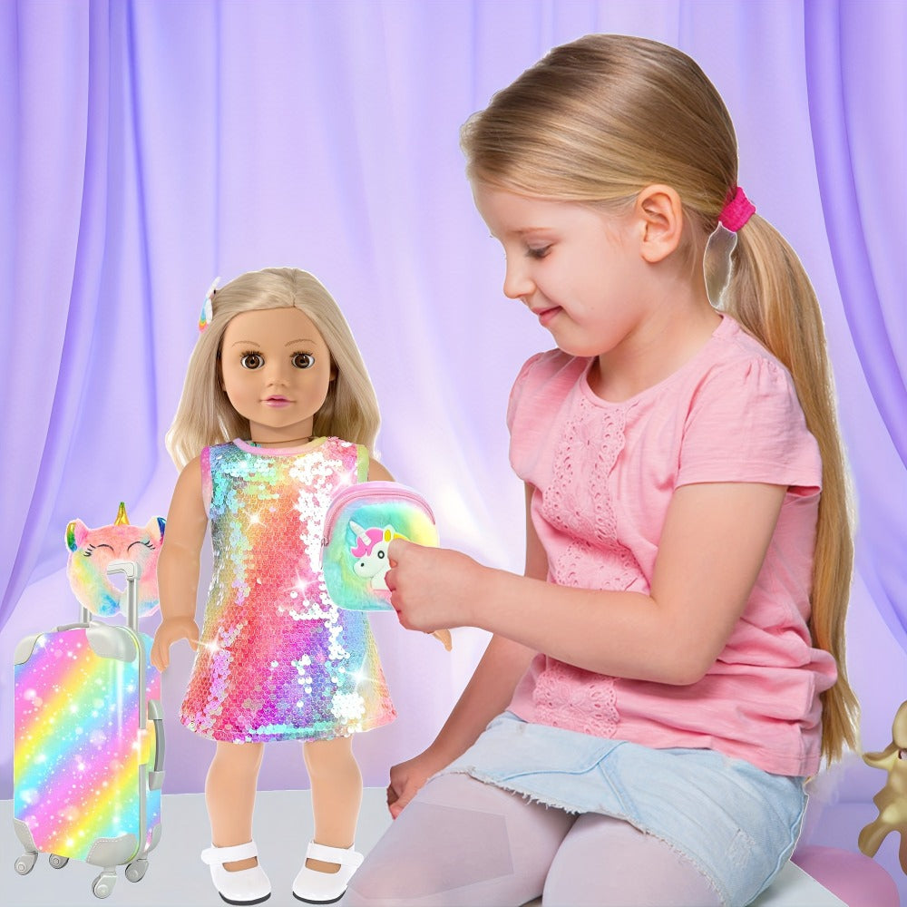 Twenty-Four-Piece Travel Accessory Set for 18-Inch Dolls with Rainbow Suitcase, Sequin Dress and Shoes — image 4