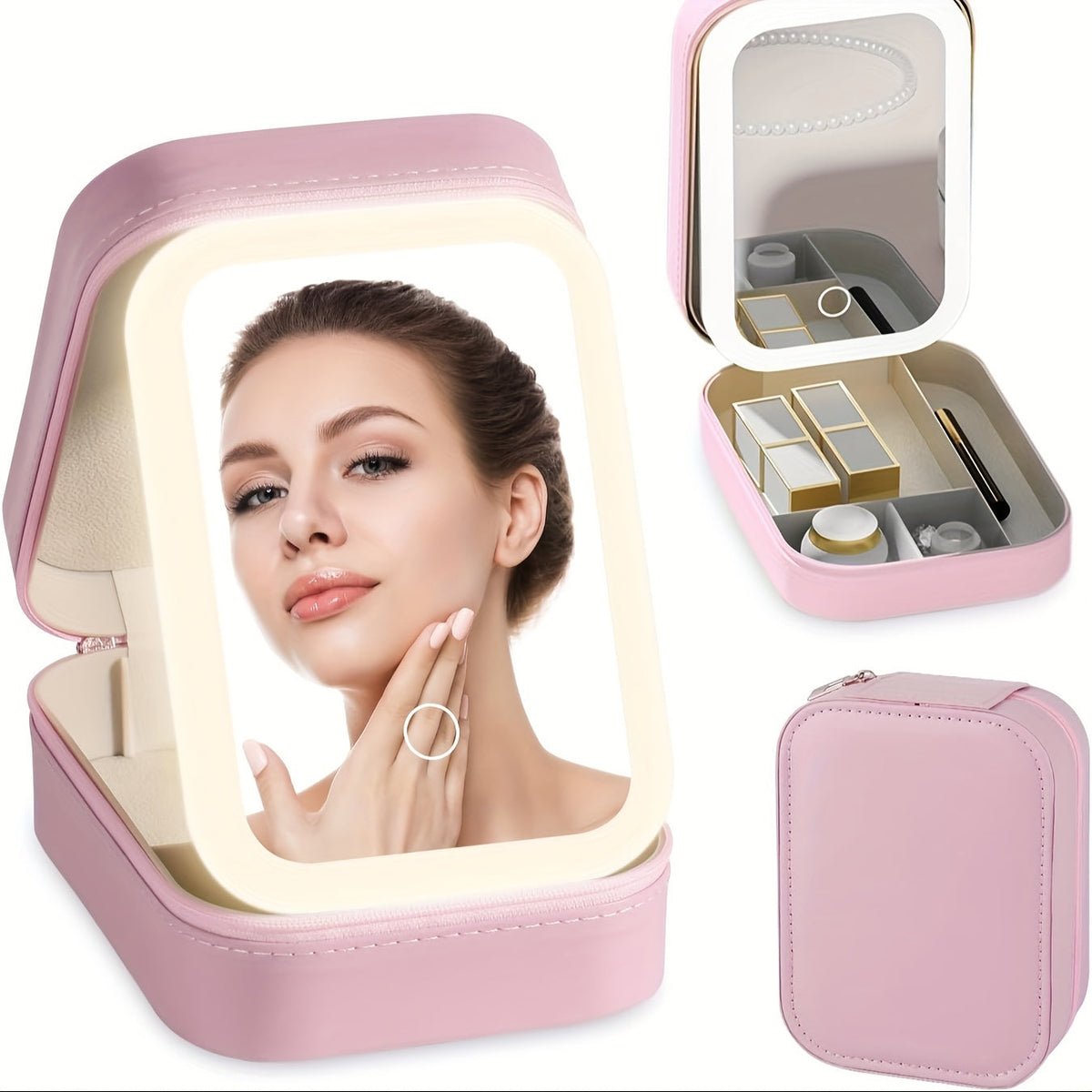 Lighted Makeup Case with LED Mirror & Cosmetic Organizer – 1200mAh Rechargeable USB Travel, for Makeup, Travel and Everyday V