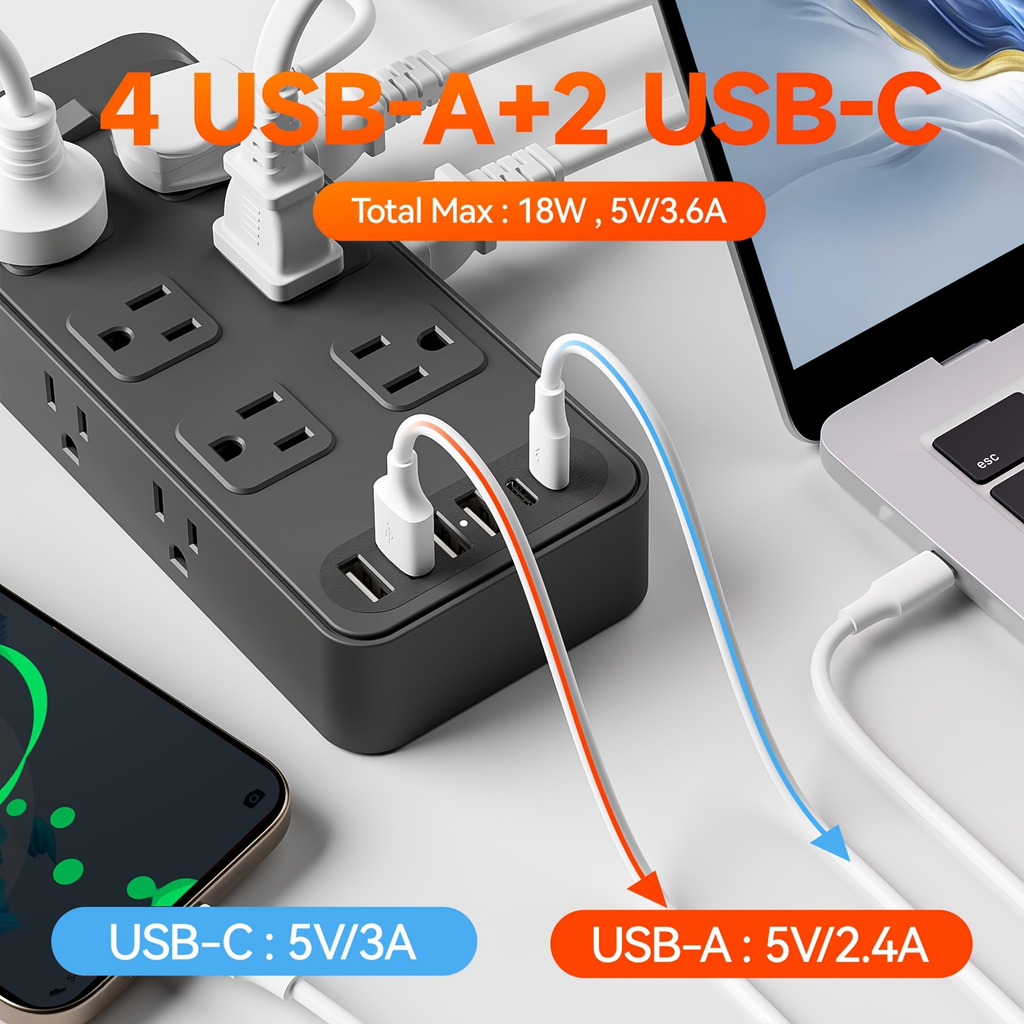 Charging Station 18-in-1 Power Strip Surge Protector 12 AC Outlets 6 USB Ports 4 USB-A 2 USB-C for an Everyday Personal Care 