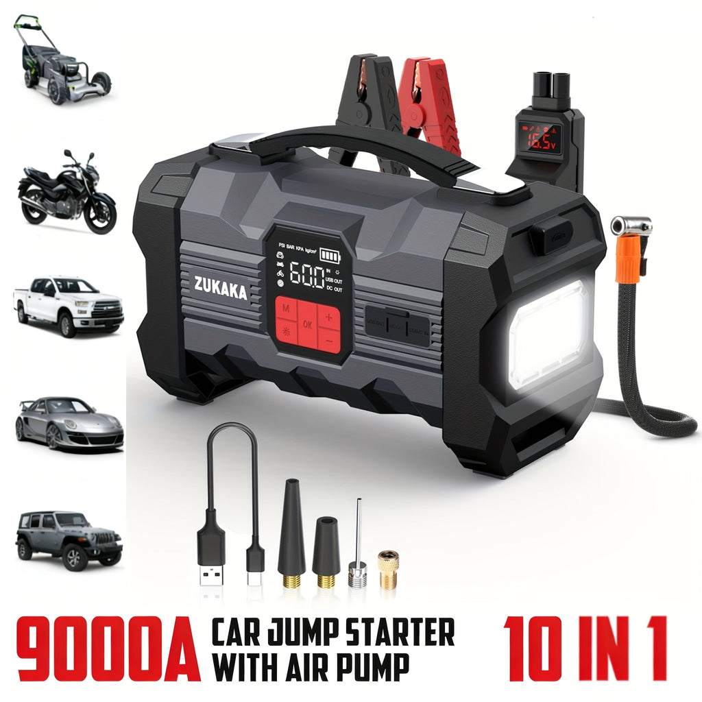 Jump Starter with Air Compressor 9000A Peak 10-in-1 150 PSI for All Gas 10L Diesel 12V USB USB-C Digital for Garden, Patio an