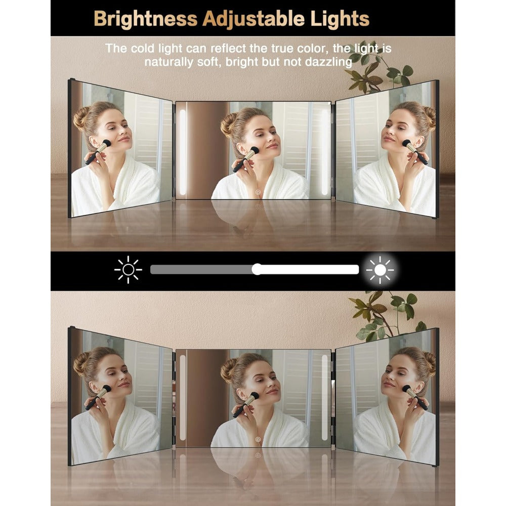 Hair Cutting Mirror 3 Way with LED Light – 360° View Trifold Barber Mirror, Adjustable Height, Door Hang Wall Mount or Tablet