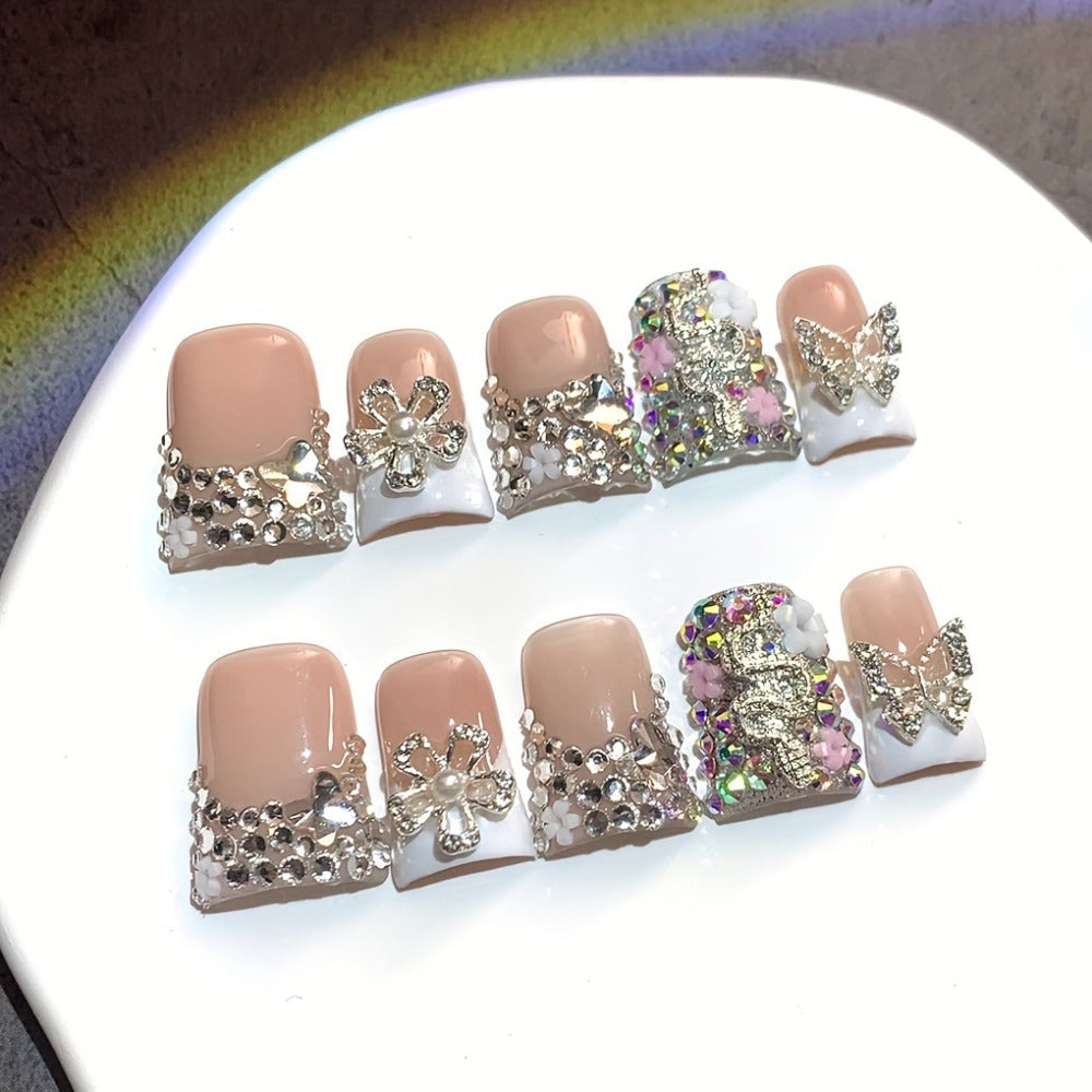 Press On Nails 10-Piece Duckbill Acrylic Set with White French, Floral and AB Shimmer Designs in S, M or L — image 4