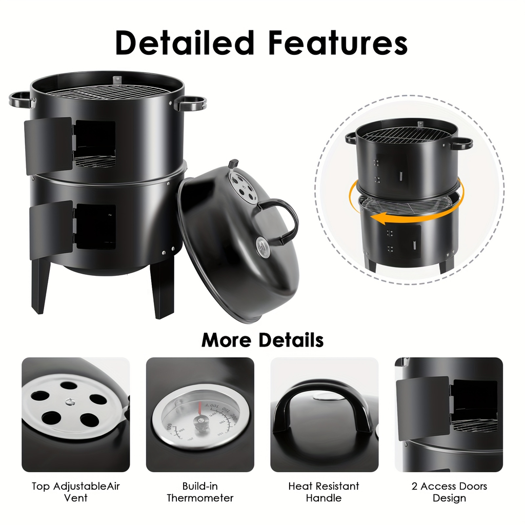 Charcoal Smoker Grill 16 Inch Vertical 3-Tier with Easy Temperature Control for Grilling, Camping and Outdoor Meals — image 6