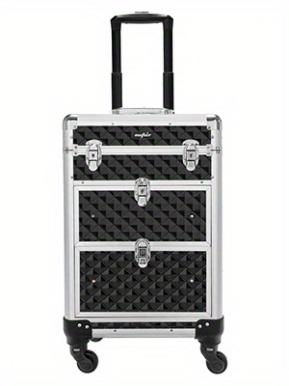 Black Rolling Makeup Train Case with Four Wheels, Telescoping Handle, Three Top Trays and Two Drawers — image 11